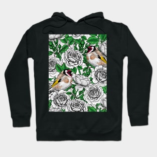 White Rose flowers and goldfinch birds Hoodie